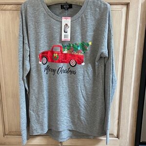Merry Christmas Gray Long Sleeve Tee with Red Truck